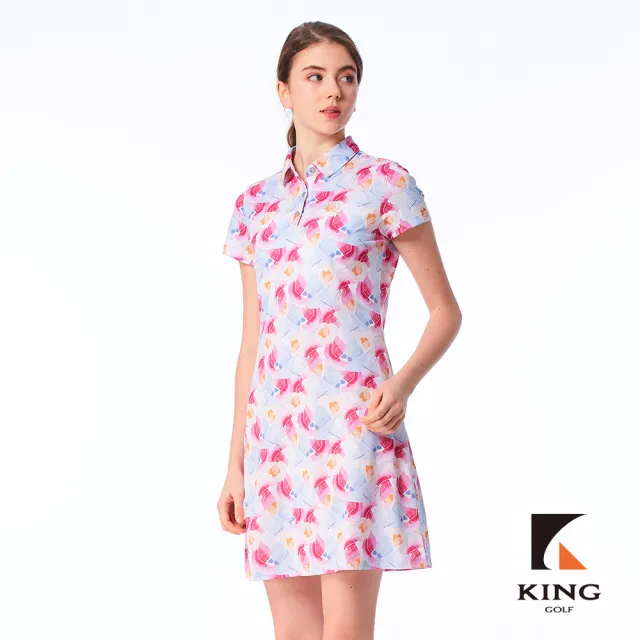 【KING GOLF】網路限定款-女款滿版水彩插畫風印花透氣涼感開襟背心連身裙/高爾夫洋裝-紅色