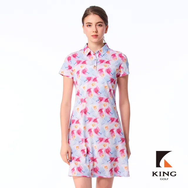 【KING GOLF】網路限定款-女款滿版水彩插畫風印花透氣涼感開襟背心連身裙/高爾夫洋裝-紅色
