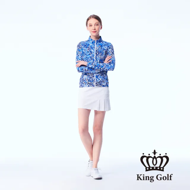 【KING GOLF】網路限定款-女款夏日藍花滿版印圖舒適防曬修身立領夾克/高爾夫球外套-藍色