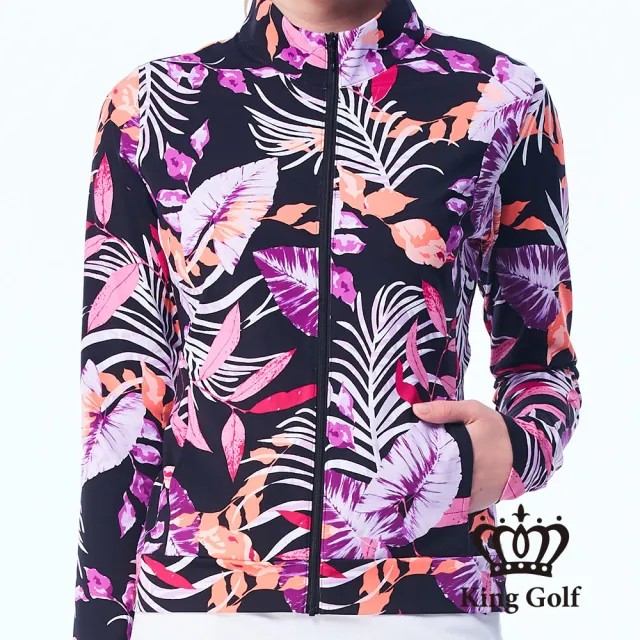 【KING GOLF】網路限定款-女款彩繪植物滿版印圖舒適防曬修身立領夾克/高爾夫球外套-黑色