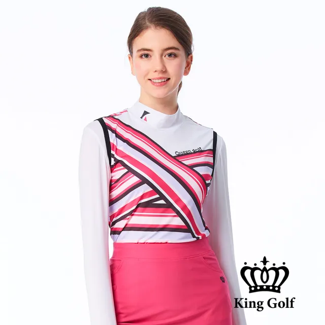 【KING GOLF】網路限定款-女款兩件式交叉條紋印花涼感立領無袖背心搭配素色內搭上衣-粉色