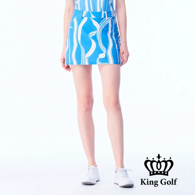 【KING GOLF】網路限定款-女款立體刺繡緞帶剪影印花修身A LINE短裙/高爾夫球裙-藍色
