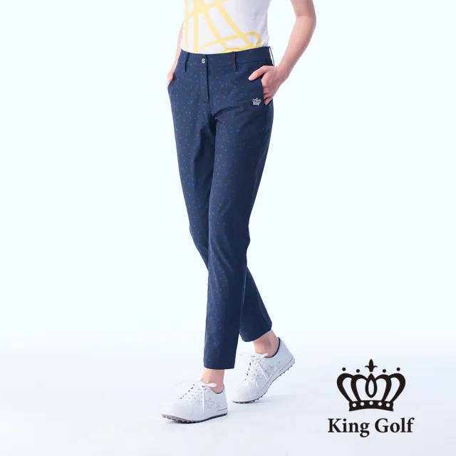 【KING GOLF】網路限定款-女款立體刺繡皇冠鋁片滿版星星印圖舒適素面修身休閒長褲/高爾夫球褲-丈青