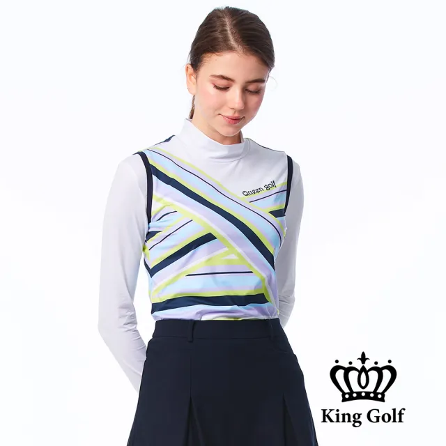 【KING GOLF】網路限定款-女款兩件式交叉條紋印花涼感立領無袖背心搭配素色內搭上衣-綠色