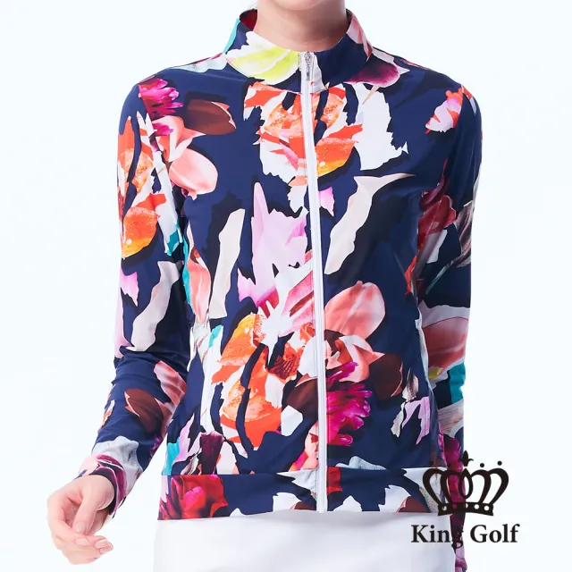 【KING GOLF】網路限定款-女款彩繪花朵滿版印圖舒適防曬修身立領夾克/高爾夫球外套-深藍