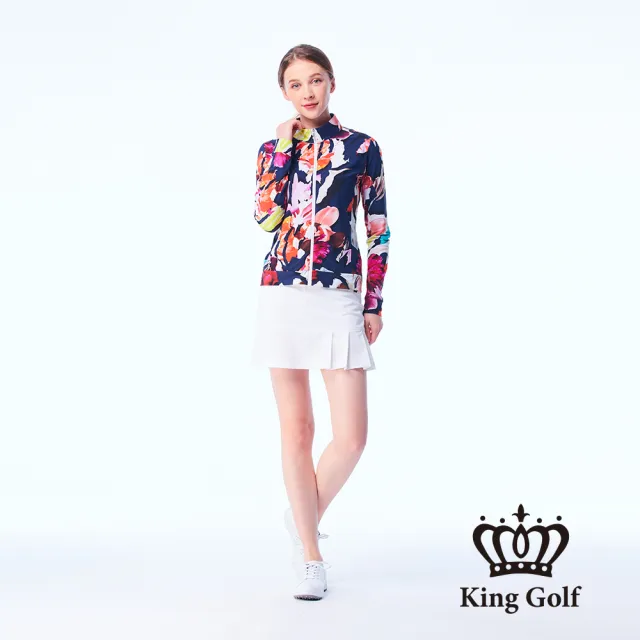 【KING GOLF】網路限定款-女款彩繪花朵滿版印圖舒適防曬修身立領夾克/高爾夫球外套-深藍