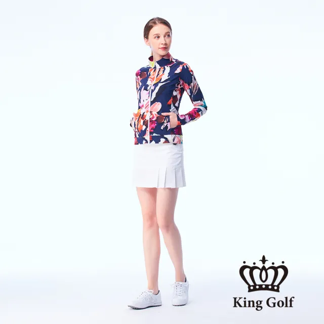 【KING GOLF】網路限定款-女款彩繪花朵滿版印圖舒適防曬修身立領夾克/高爾夫球外套-深藍