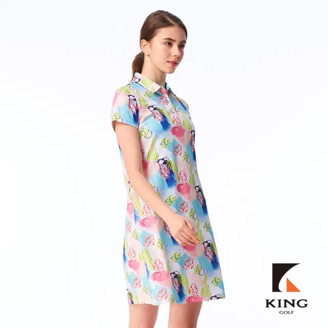 【KING GOLF】網路限定款-女款滿版夏季煙花暈染插畫透氣涼感開襟背心連身裙/高爾夫洋裝-白色