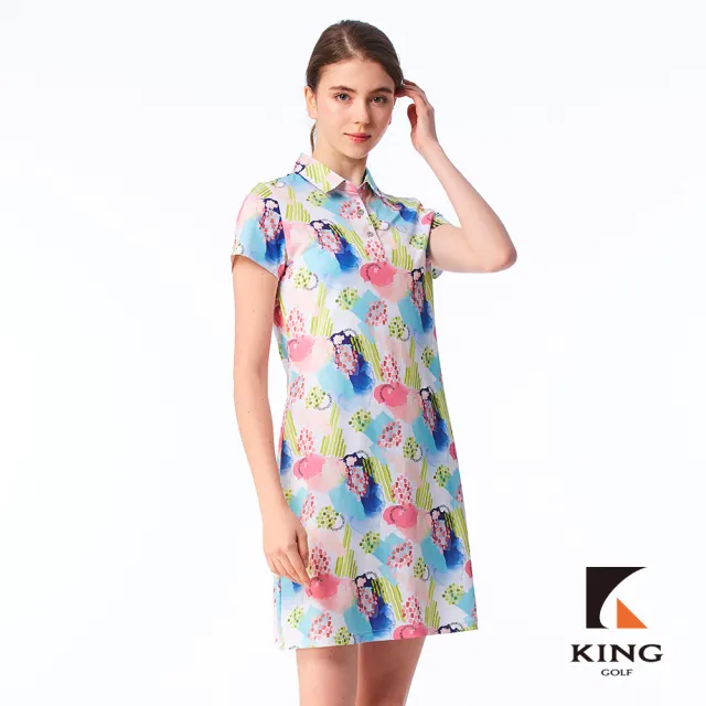 【KING GOLF】網路限定款-女款滿版夏季煙花暈染插畫透氣涼感開襟背心連身裙/高爾夫洋裝-白色