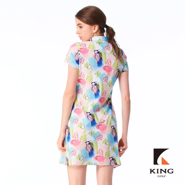 【KING GOLF】網路限定款-女款滿版夏季煙花暈染插畫透氣涼感開襟背心連身裙/高爾夫洋裝-白色