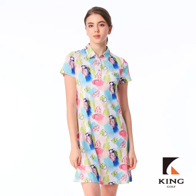 【KING GOLF】網路限定款-女款滿版夏季煙花暈染插畫透氣涼感開襟背心連身裙/高爾夫洋裝-白色