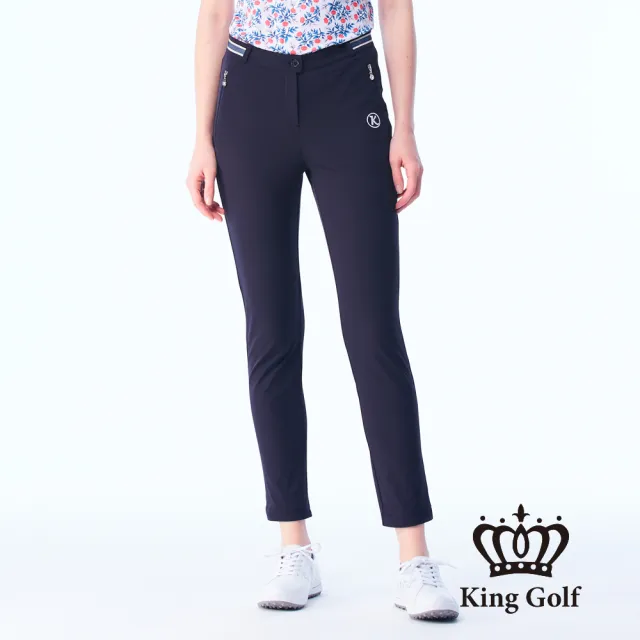 【KING GOLF】網路限定款-女款立體刺繡織帶拼接舒適素面修身休閒長褲/高爾夫球褲-丈青