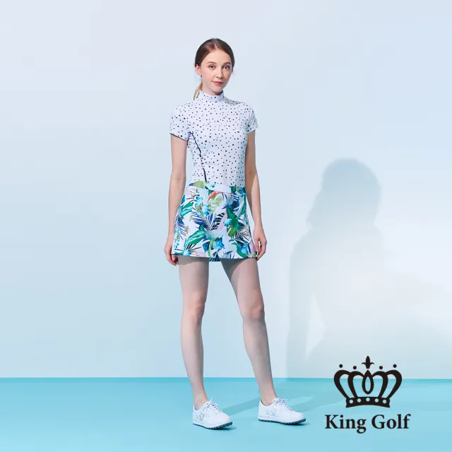 【KING GOLF】網路限定款-女款夏日植物印圖小開岔修身A LINE短裙/高爾夫球裙-白色