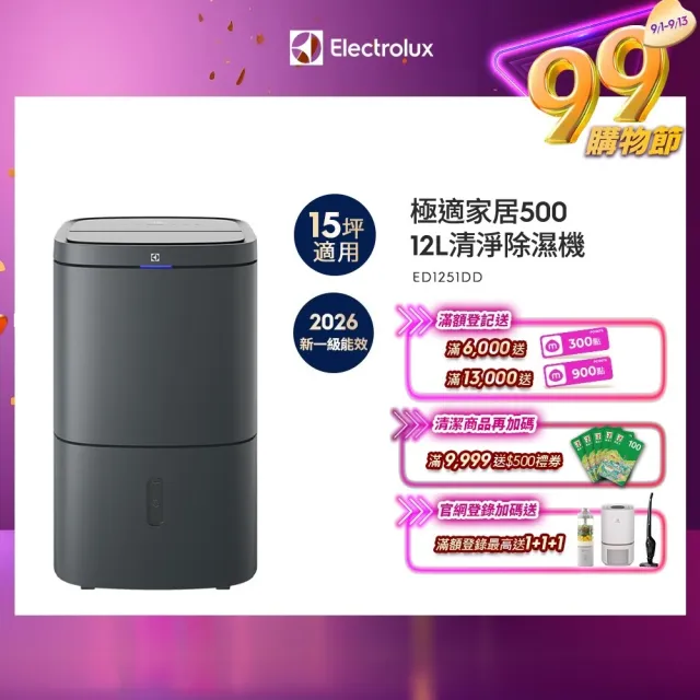 【Electrolux 伊萊克斯】2026 年新一級能效 12L極適家居500清淨除濕機 除濕適用空間15坪(ED1251DD 曜岩灰)