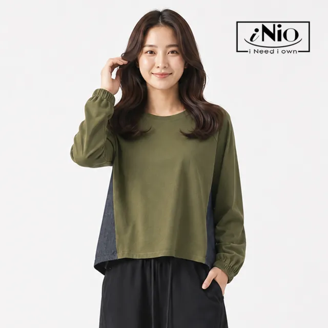 【iNio 衣著美學】異材質拼接落肩長袖上衣 前短後長背後抓褶 縮口袖圓領寬鬆上衣 顯瘦好搭長袖棉T CHW1507