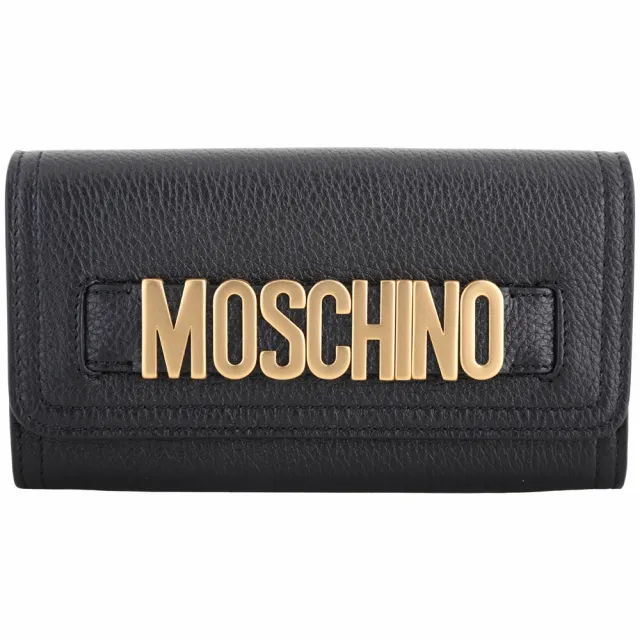 【MOSCHINO】金字徽標荔紋牛皮釦式長夾(黑色 皮夾 錢包 皮件)