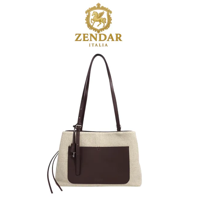 【ZENDAR】台灣總代理 時尚亞麻布小牛皮托特包 嘉娜系列 (咖啡色)