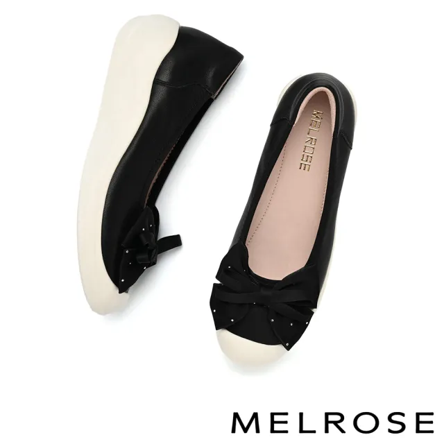 【MELROSE】美樂斯 率性氣質燙鑽蝴蝶結牛皮厚底休閒鞋(黑)