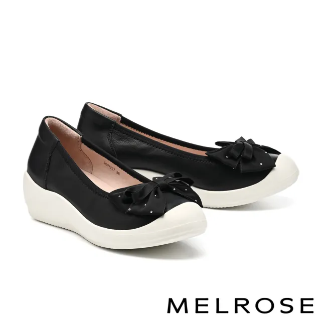 【MELROSE】美樂斯 率性氣質燙鑽蝴蝶結牛皮厚底休閒鞋(黑)