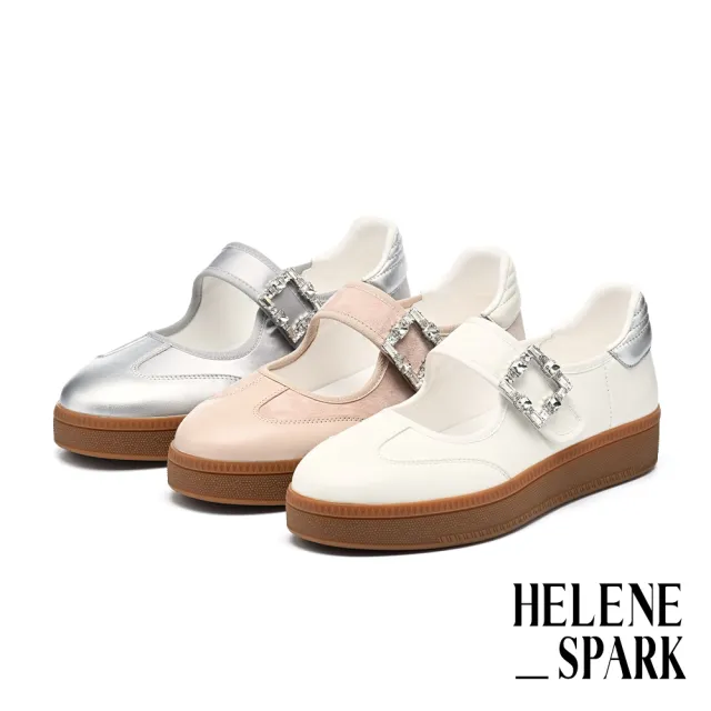 【HELENE_SPARK】率性時尚白鑽大方釦魔鬼氈羊皮瑪莉珍厚底休閒鞋(粉)