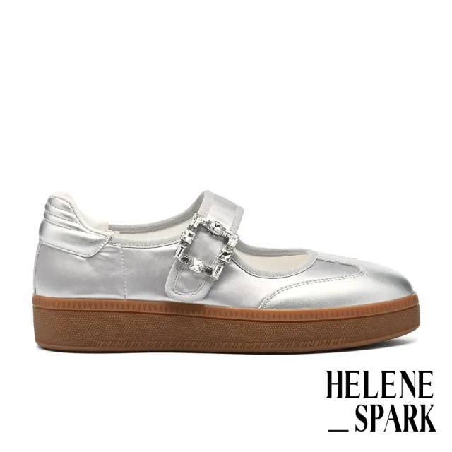 【HELENE_SPARK】率性時尚白鑽大方釦魔鬼氈異材質瑪莉珍厚底休閒鞋(銀)