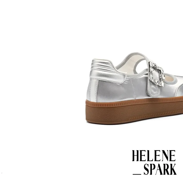 【HELENE_SPARK】率性時尚白鑽大方釦魔鬼氈異材質瑪莉珍厚底休閒鞋(銀)