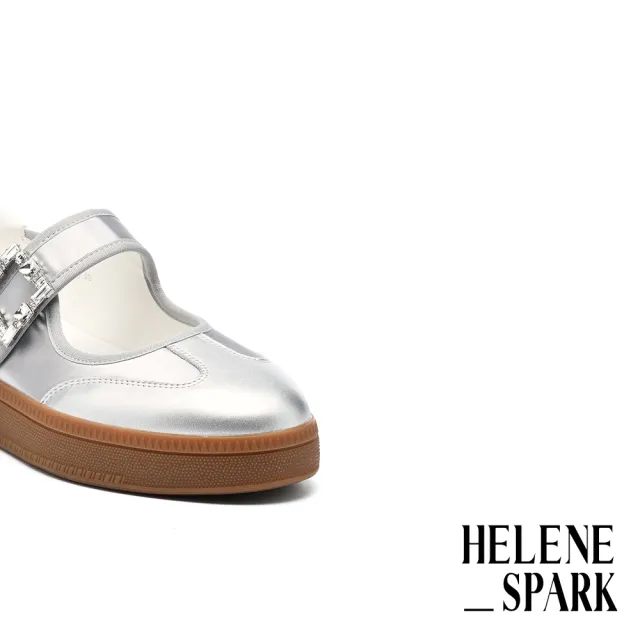 【HELENE_SPARK】率性時尚白鑽大方釦魔鬼氈異材質瑪莉珍厚底休閒鞋(銀)
