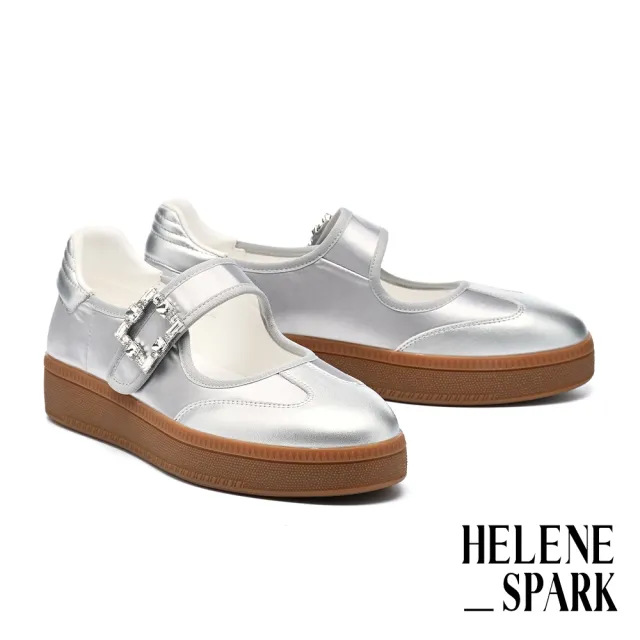 【HELENE_SPARK】率性時尚白鑽大方釦魔鬼氈異材質瑪莉珍厚底休閒鞋(銀)