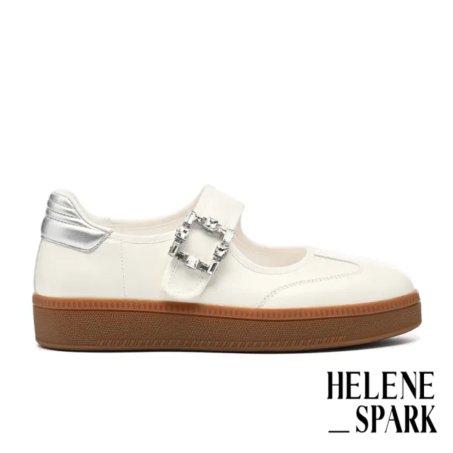 【HELENE_SPARK】率性時尚白鑽大方釦魔鬼氈羊皮瑪莉珍厚底休閒鞋(米白)
