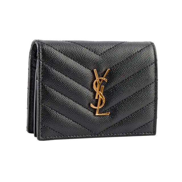 【YSL】山形紋魚子醬皮金字二折卡片小短夾(黑色)