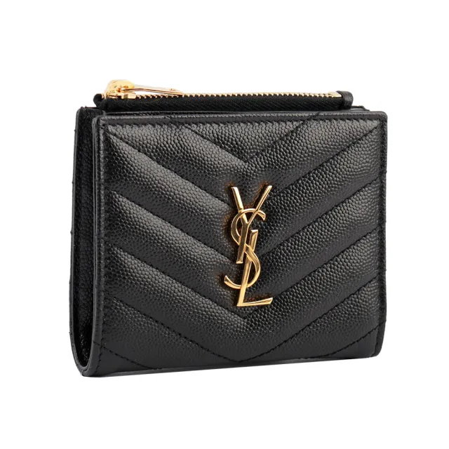 【YSL】山形紋荔枝皮金字logo暗釦短夾(黑)