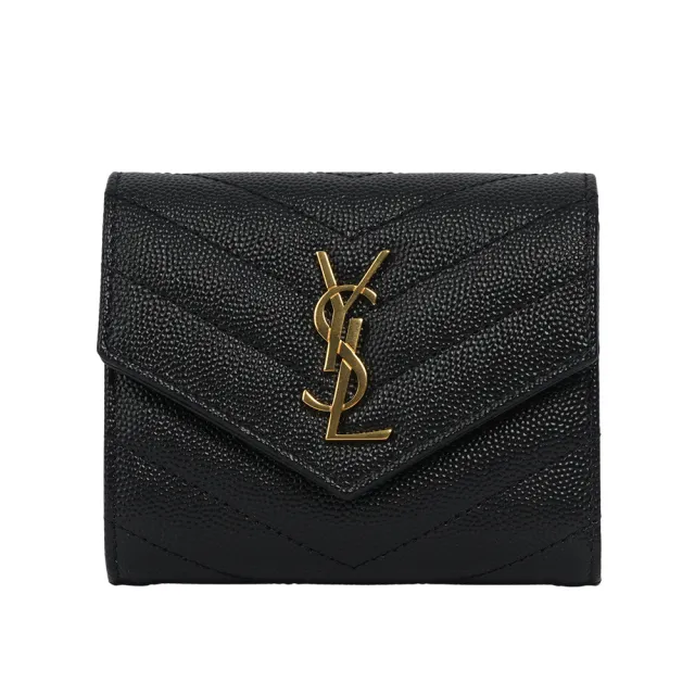 【YSL】金字山形紋魚子醬皮三折零錢袋短夾(黑色)