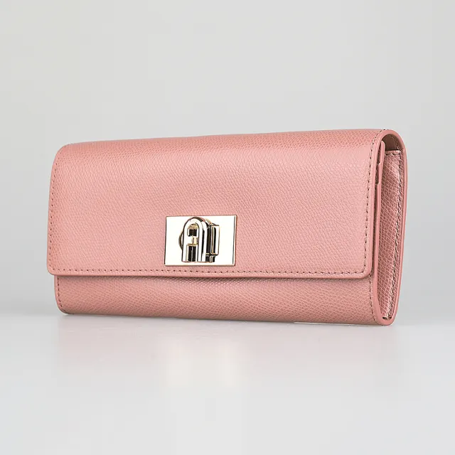 【FURLA 芙拉】FURLA 1927 金字LOGO荔枝紋設計防刮牛皮10卡旋扣式長夾(紅梅粉)