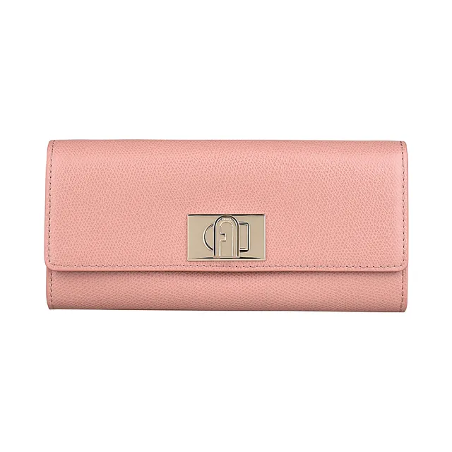 【FURLA 芙拉】FURLA 1927 金字LOGO荔枝紋設計防刮牛皮10卡旋扣式長夾(紅梅粉)
