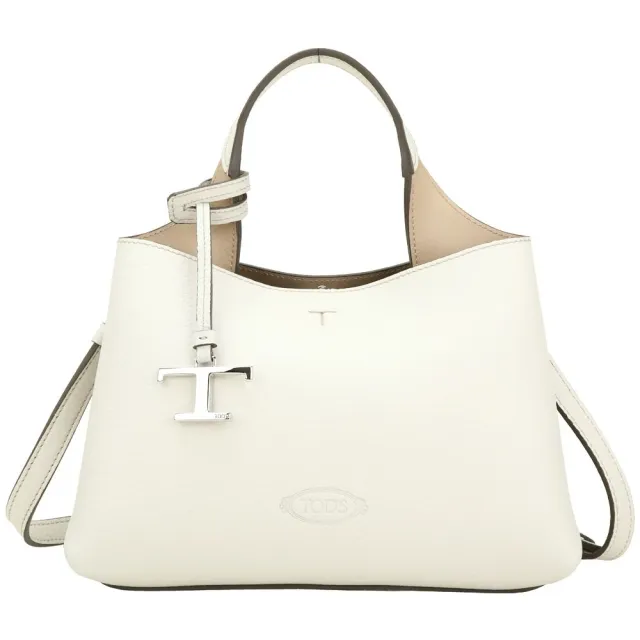 【TOD’S】TODS APA T字吊飾 荔紋牛皮手提/肩背托特包(白色 官網超小號 兩用包)
