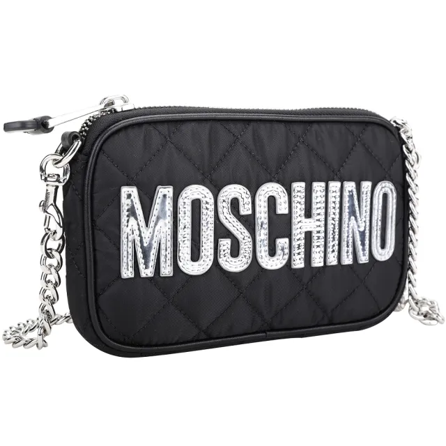 【MOSCHINO】銀字菱格絎縫尼龍可拆鍊帶手拿 斜背包(黑色 肩背 鍊條包)