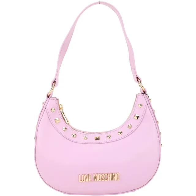 【MOSCHINO】LOVE MOSCHINO HOBO 金屬字母造型鉚釘牛皮手提 肩背腋下包(粉紫色 真皮 精品)
