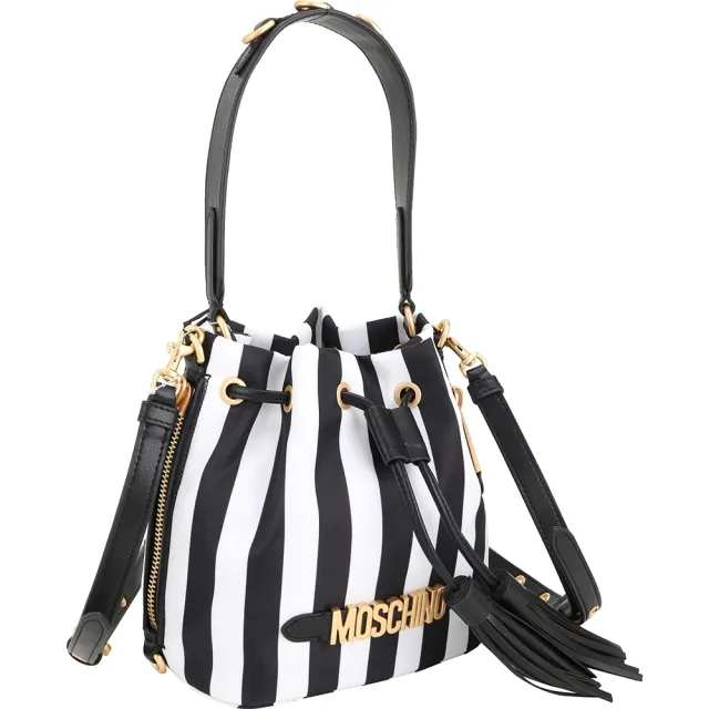 【MOSCHINO】金字流蘇尼龍束口兩用水桶包(黑白條紋 手提 肩背 斜背)