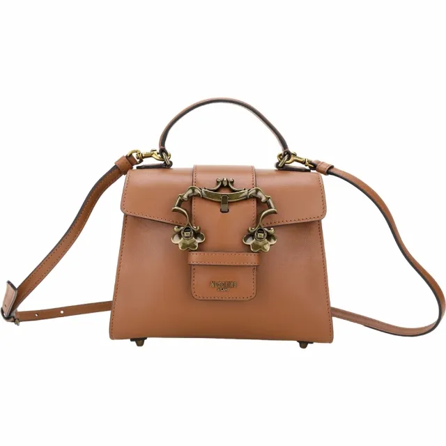 【MOSCHINO】復古雕花扣帶牛皮翻蓋肩背包(棕色 兩用包 手提 斜背)
