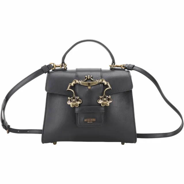 【MOSCHINO】復古雕花扣帶牛皮翻蓋肩背包(黑色 兩用包 手提 斜背)