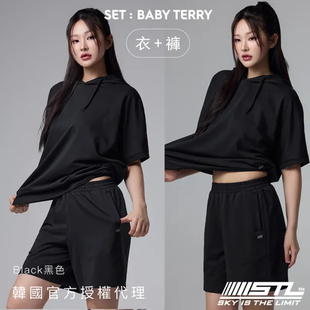【STL】成套 韓國 BABY TERRY 女 連帽 短袖 上衣+4分 短褲/毛圈 寬鬆 快乾 棉柔 套裝 (Black黑)