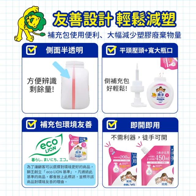 【LION 獅王】趣淨抗菌專用洗手慕斯補充瓶800mlx4入組(三款口味任選/柑橘/果香/花香)