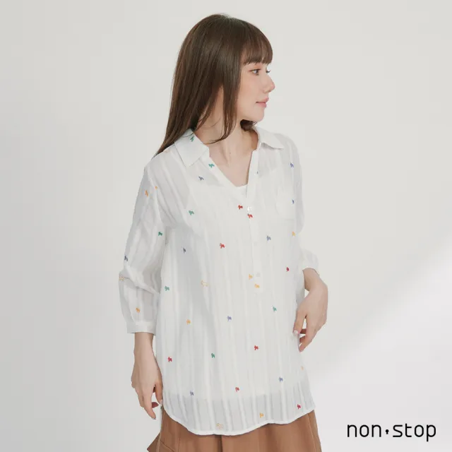 【non-stop】小狗彩點刺繡寬鬆長版襯衫-2色