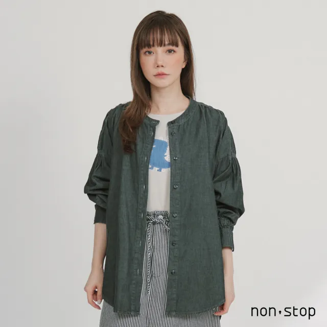 【non-stop】抽皺丹寧寬鬆長版襯衫-2色
