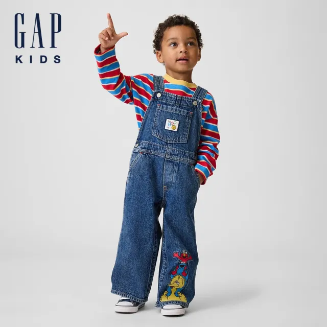 【GAP】Gap × Sesame Street芝麻街嬰兒及幼兒牛仔吊帶褲-中度水洗(912366)