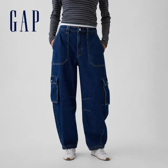 【GAP】高腰筒形工裝牛仔褲-中度水洗(911436)