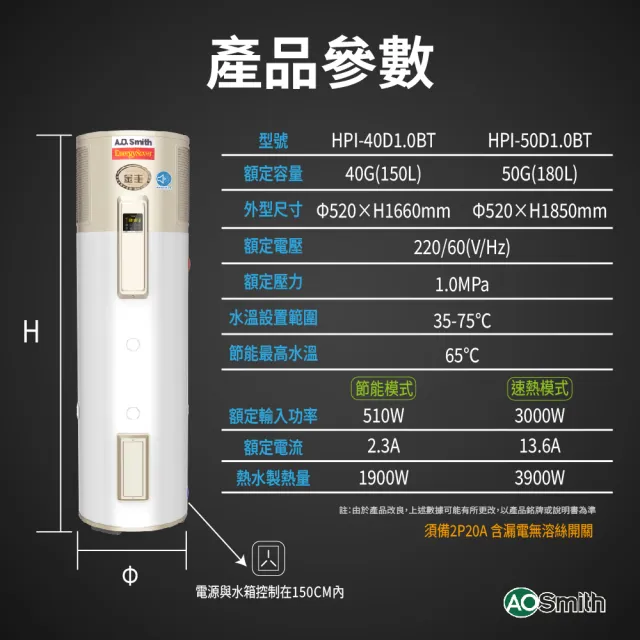 【A.O.Smith】AO史密斯40加侖超節能熱泵熱水器 省電又省錢(HPI-40 超靜音 室內室外皆可安裝)