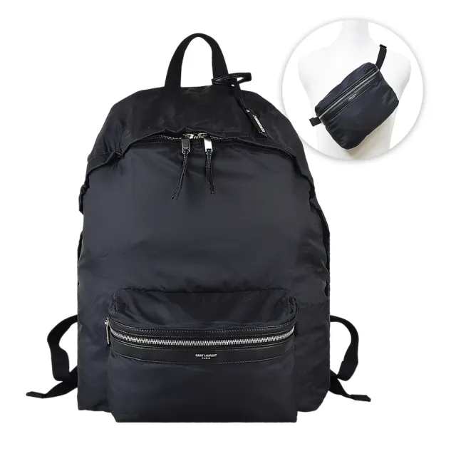 【YSL】YSL SAINT LAURENT FOLDABLE BACKPACK經典燙銀LOGO尼龍拉鍊後背胸口包(黑)