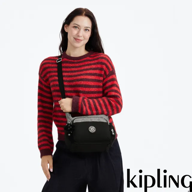 【KIPLING】『牛角包』白色條紋拼接輕巧多袋實用側背包-GABB S 女包