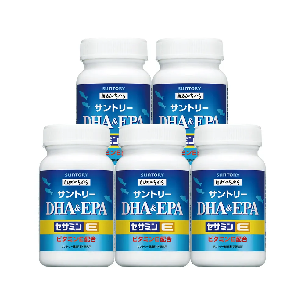 即期品【Suntory 三得利】魚油 DHA＆EPA+芝麻明E 120顆x5罐組(DHA&EPA、芝麻明、維生素E、維生素D)